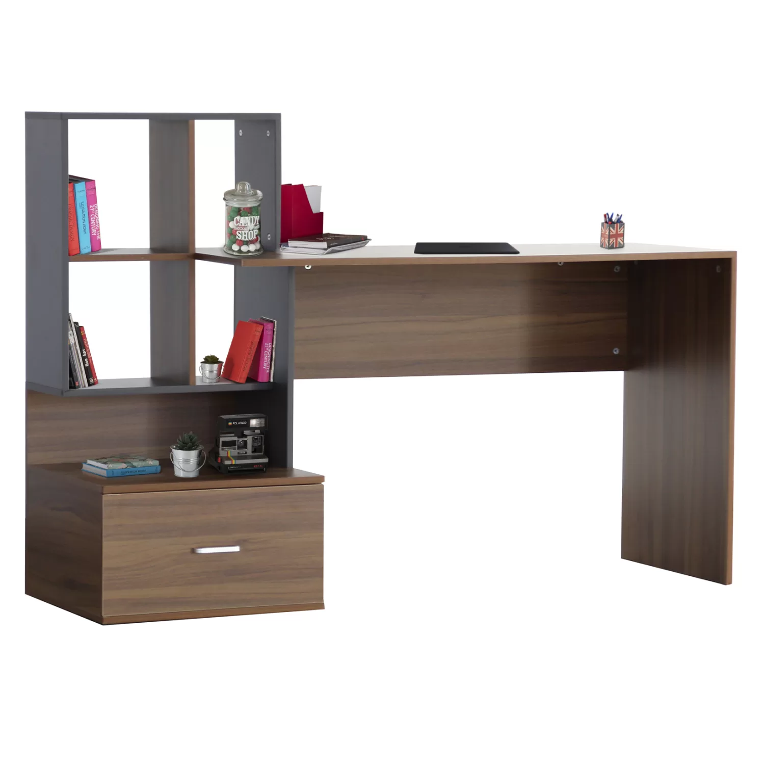 ΓΡΑΦΕΙΟ με Βιβλιοθήκη SYNDYA Καρυδί Γκρι 149x48x105Υ