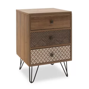 Κομοδίνο Boho με 3 συρτάρια καρυδί με μεταλλικά πόδια 40x40x59εκ