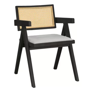 Πολυθρόνα Winslow ξύλο rubberwood μαύρο-pvc rattan φυσικό-ύφασμα γκρι -Τιμή Σετ 2 τεμ.