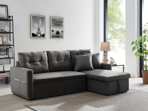 Γωνιακός καναπές κρεβάτι Insta με αποθηκευτικό χώρο γκρι ύφασμα 220Χ85/145Χ85