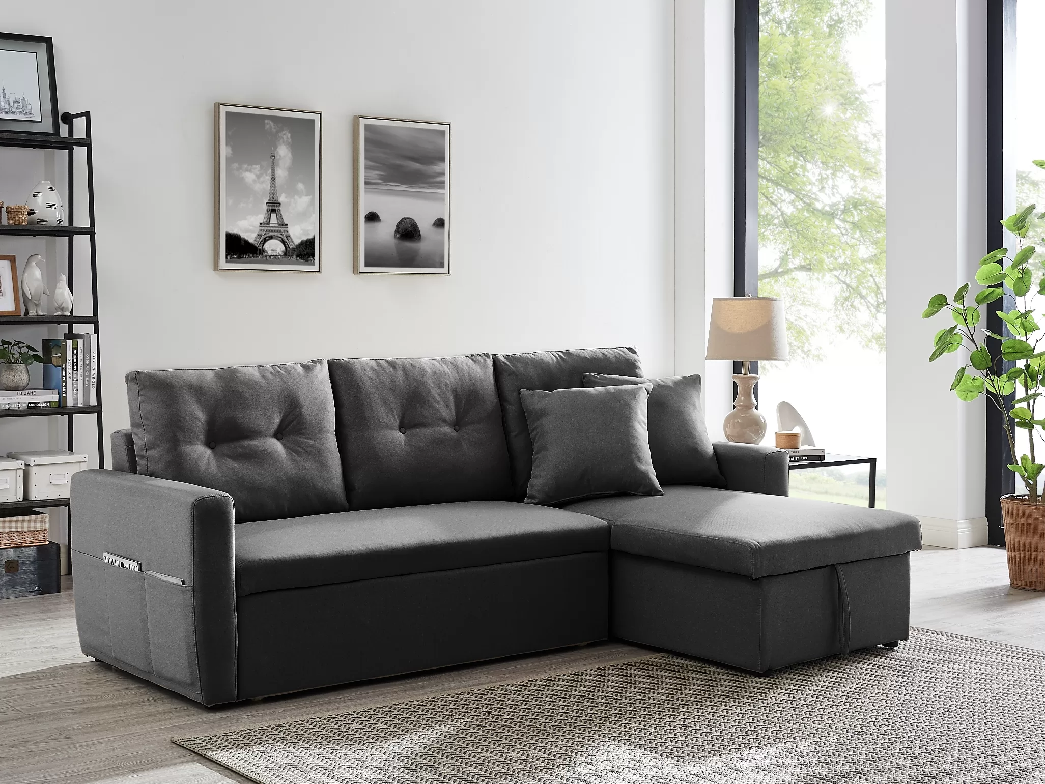 Γωνιακός καναπές κρεβάτι Insta με αποθηκευτικό χώρο γκρι ύφασμα 220Χ85/145Χ85