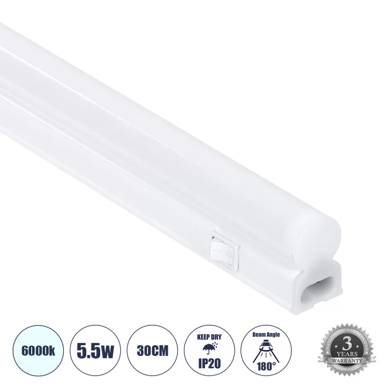 TUBO 60784 Γραμμικό Φωτιστικό Οροφής Linear LED Τύπου T5 Επεκτεινόμενο 5.5W 550lm 180° AC 220-240V IP20 Πάγκου Κουζίνας με Διακόπτη On/Off Μ30 x Π2.2 x Υ3.5cm Ψυχρό Λευκό 6000K - Λευκό