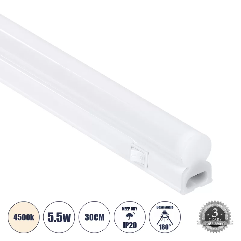 TUBO 60785 Γραμμικό Φωτιστικό Οροφής Linear LED Τύπου T5 Επεκτεινόμενο 5.5W 539lm 180° AC 220-240V IP20 Πάγκου Κουζίνας με Διακόπτη On/Off Μ30 x Π2.2 x Υ3.5cm Φυσικό Λευκό 4500K - Λευκό