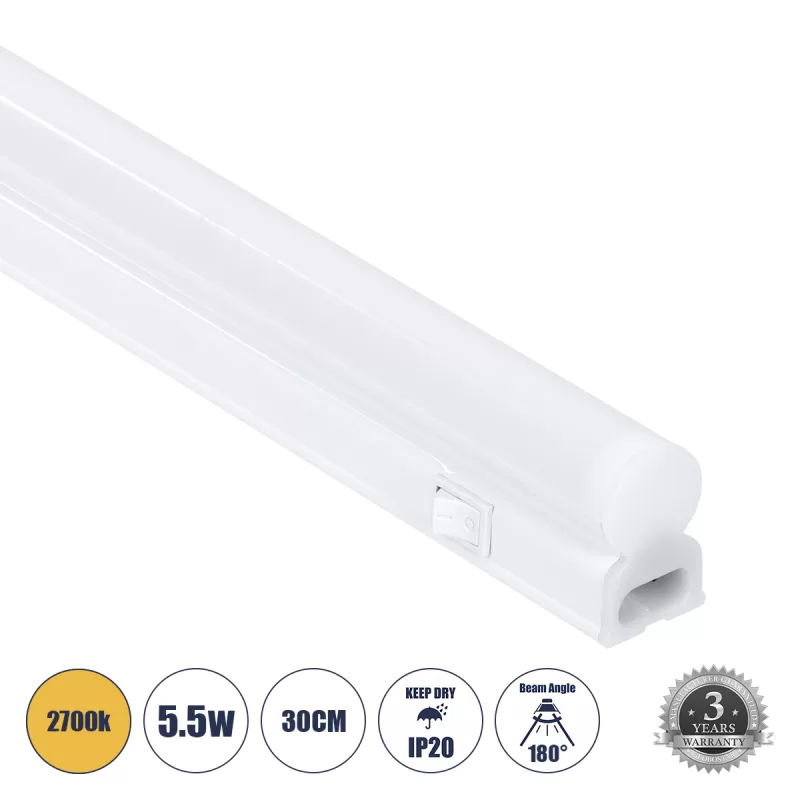 TUBO 60786 Γραμμικό Φωτιστικό Οροφής Linear LED Τύπου T5 Επεκτεινόμενο 5.5W 528lm 180° AC 220-240V IP20 Πάγκου Κουζίνας με Διακόπτη On/Off Μ30 x Π2.2 x Υ3.5cm Θερμό Λευκό 2700K - Λευκό