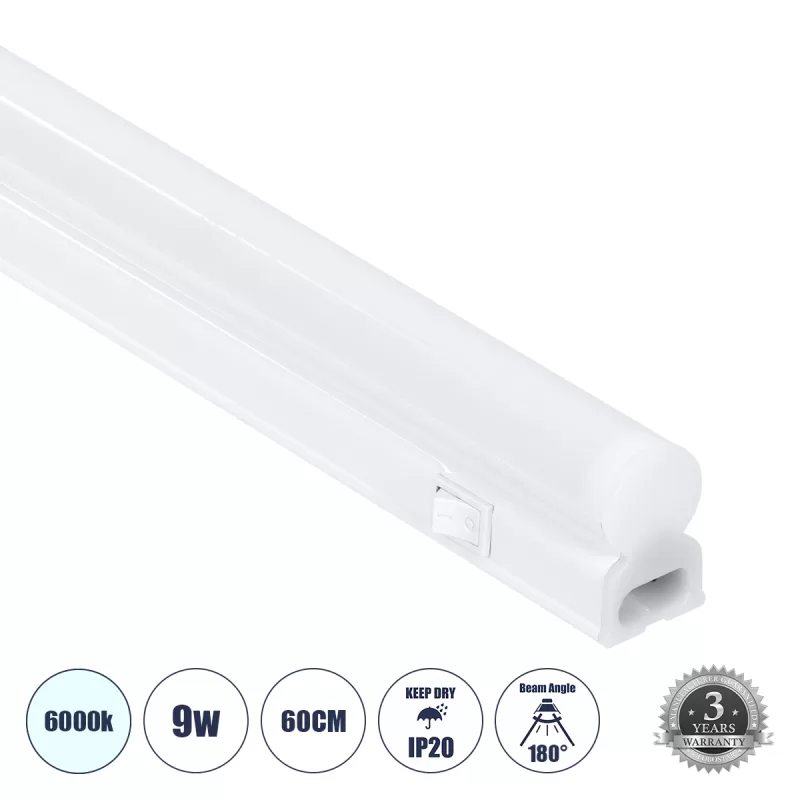 TUBO 60787 Γραμμικό Φωτιστικό Οροφής Linear LED Τύπου T5 Επεκτεινόμενο 9W 900lm 180° AC 220-240V IP20 Πάγκου Κουζίνας με Διακόπτη On/Off Μ60 x Π2.2 x Υ3.5cm Ψυχρό Λευκό 6000K - Λευκό