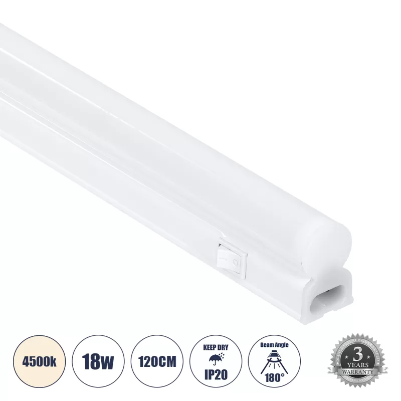 TUBO 60791 Γραμμικό Φωτιστικό Οροφής Linear LED Τύπου T5 Επεκτεινόμενο 18W 1764lm 180° AC 220-240V IP20 Πάγκου Κουζίνας με Διακόπτη On/Off Μ120 x Π2.2 x Υ3.5cm Φυσικό Λευκό 4500K - Λευκό