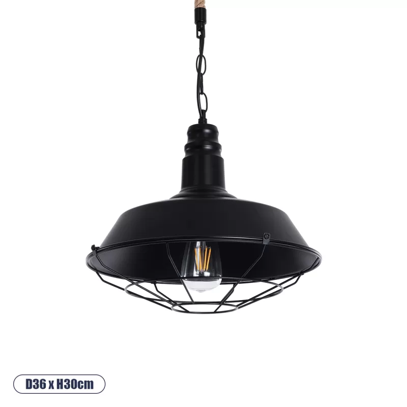 CRANE Vintage Κρεμαστό Φωτιστικό Καμπάνα Μονόφωτο 1 x E27 IP20 Μαύρο Μέταλλο με Μπεζ Σχοινί - Μ36 x Π36 x Υ30cm