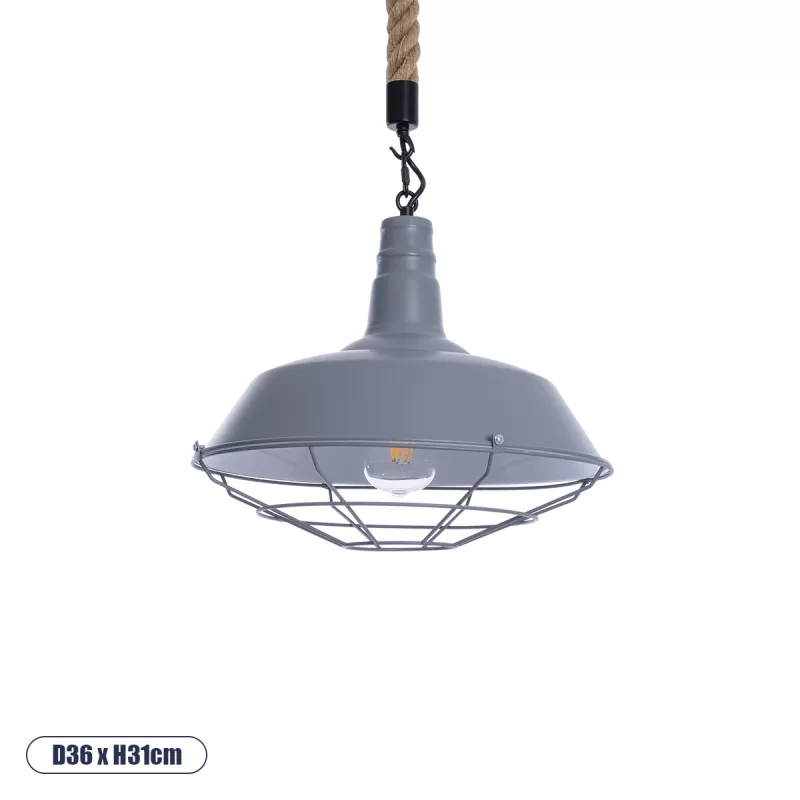 CRANE Vintage Κρεμαστό Φωτιστικό Μονόφωτο Καμπάνα 1 x E27 IP20 Γκρι & Λευκό Μέταλλο με Μπεζ Σχοινί - Μ36 x Π36 x Y31cm