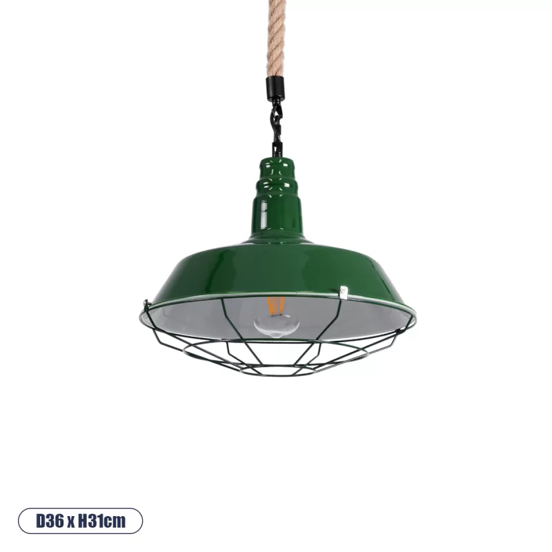 CRANE Vintage Κρεμαστό Φωτιστικό Μονόφωτο Καμπάνα 1 x E27 IP20 Πράσινο & Λευκό Μέταλλο με Μπεζ Σχοινί - Μ36 x Π36 x Y31cm