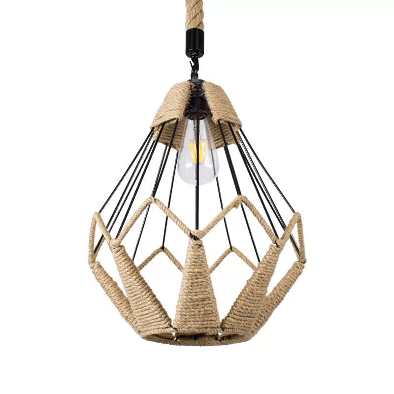 CONICAL Vintage Κρεμαστό Φωτιστικό Πλέγμα Μονόφωτο 1 x E27 IP20 Μαύρο Μέταλλο με Μπεζ Σχοινί - Μ30 x Π30 x Υ40cm