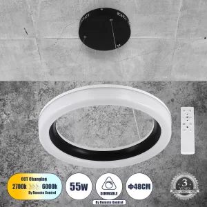 ARIANA Κρεμαστή Πλαφονιέρα Οροφής Κύκλος LED CCT 55W 6376lm 120° AC 220-240V - Εναλλαγή Φωτισμού μέσω Τηλεχειριστηρίου All In One Ψυχρό Λευκό 6000k+Φυσικό Λευκό 4500k+Θερμό Λευκό 2700k Dimmable Φ48cm - Μαύρο