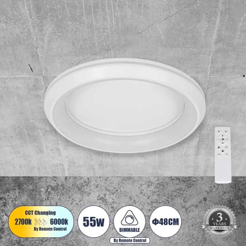 MELINA 61041 Πλαφονιέρα Οροφής Κύκλος LED CCT 55W 6376lm 120° AC 220-240V - Εναλλαγή Φωτισμού μέσω Τηλεχειριστηρίου All In One Ψυχρό Λευκό 6000k+Φυσικό Λευκό 4500k+Θερμό Λευκό 2700k Dimmable Φ48cm - Λευκό