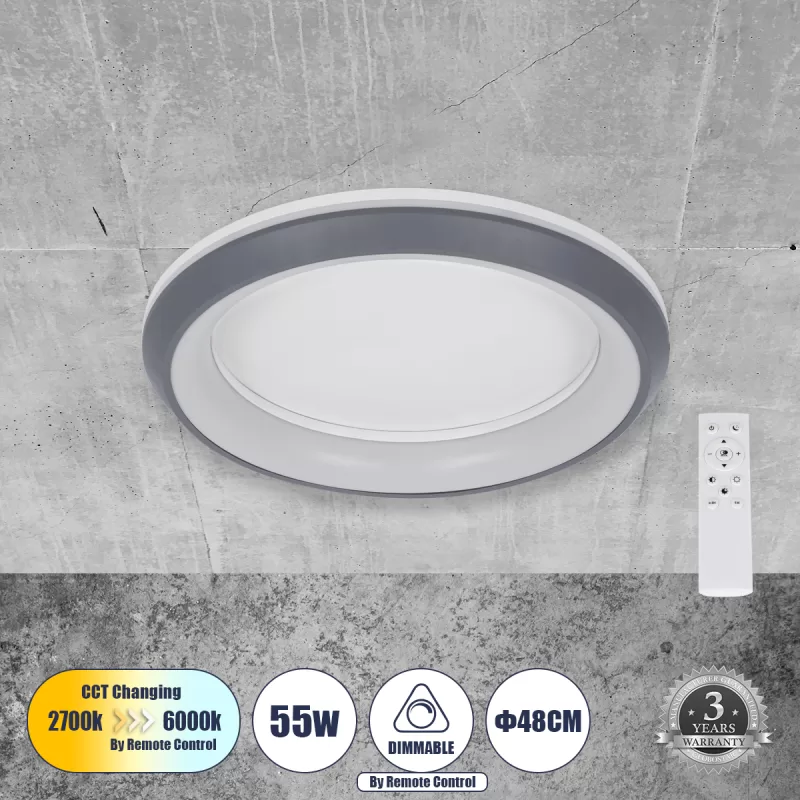 MELINA 61042 Πλαφονιέρα Οροφής Κύκλος LED CCT 55W 6376lm 120° AC 220-240V - Εναλλαγή Φωτισμού μέσω Τηλεχειριστηρίου All In One Ψυχρό Λευκό 6000k+Φυσικό Λευκό 4500k+Θερμό Λευκό 2700k Dimmable Φ48cm - Ανθρακί