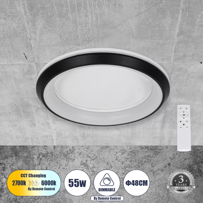 MELINA 61040 Πλαφονιέρα Οροφής Κύκλος LED CCT 55W 6376lm 120° AC 220-240V - Εναλλαγή Φωτισμού μέσω Τηλεχειριστηρίου All In One Ψυχρό Λευκό 6000k+Φυσικό Λευκό 4500k+Θερμό Λευκό 2700k Dimmable Φ48cm - Μαύρο