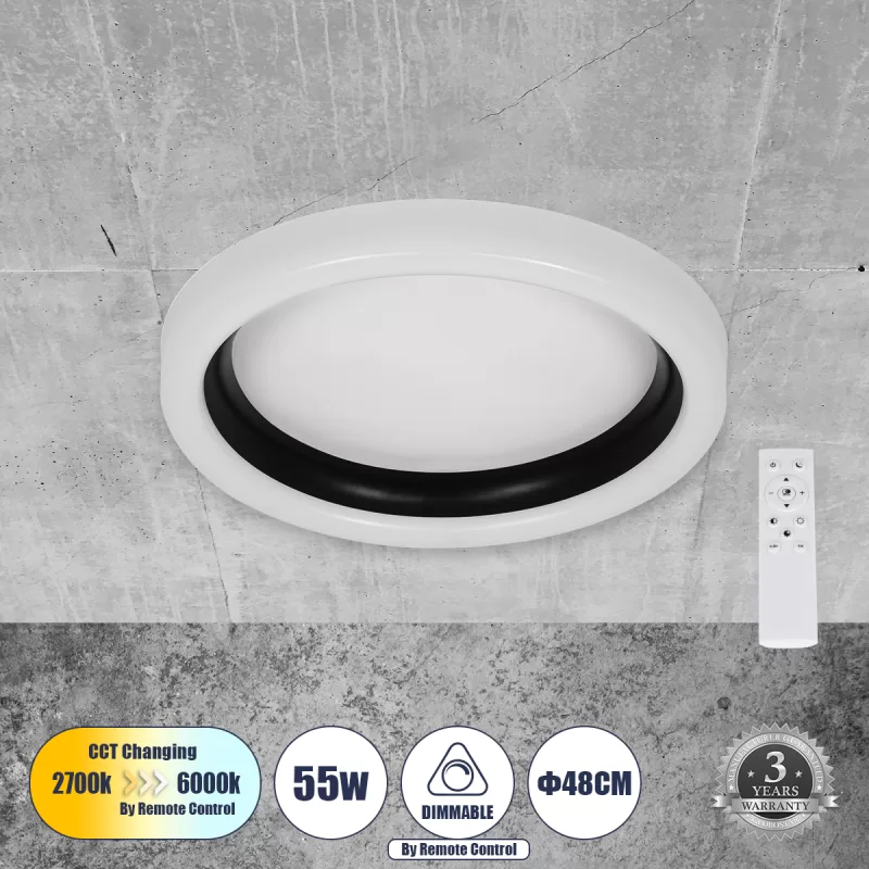 ARIANA 61034 Πλαφονιέρα Οροφής Κύκλος LED CCT 55W 6376lm 120° AC 220-240V - Εναλλαγή Φωτισμού μέσω Τηλεχειριστηρίου All In One Ψυχρό Λευκό 6000k+Φυσικό Λευκό 4500k+Θερμό Λευκό 2700k Dimmable Φ48cm - Μαύρο