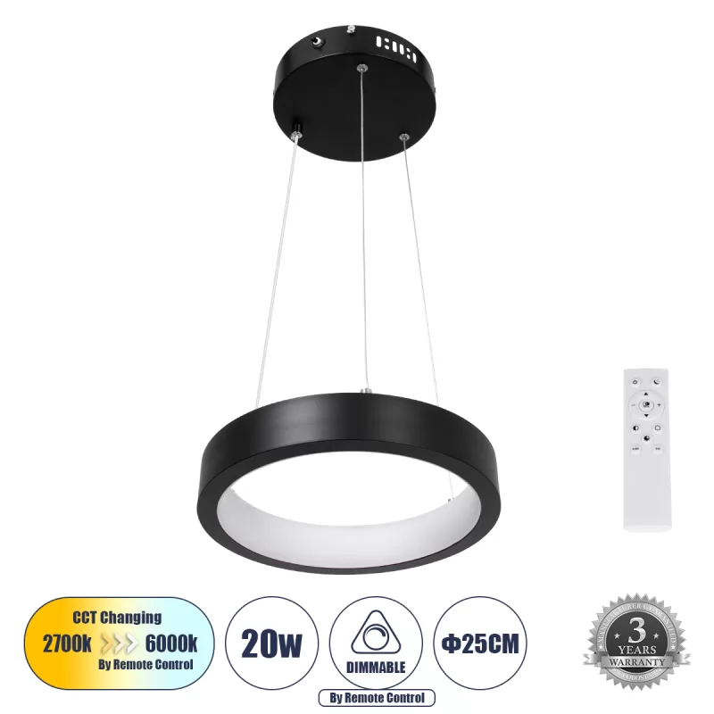 NEMESIS Κρεμαστό Φωτιστικό Δαχτυλίδι-Κύκλος LED CCT 20W 2356lm 360° AC 220-240V - Εναλλαγή Φωτισμού μέσω Τηλεχειριστηρίου All In One Ψυχρό 6000k+Φυσικό 4500k+Θερμό 2700k Dimmable Φ25cm - Μαύρο