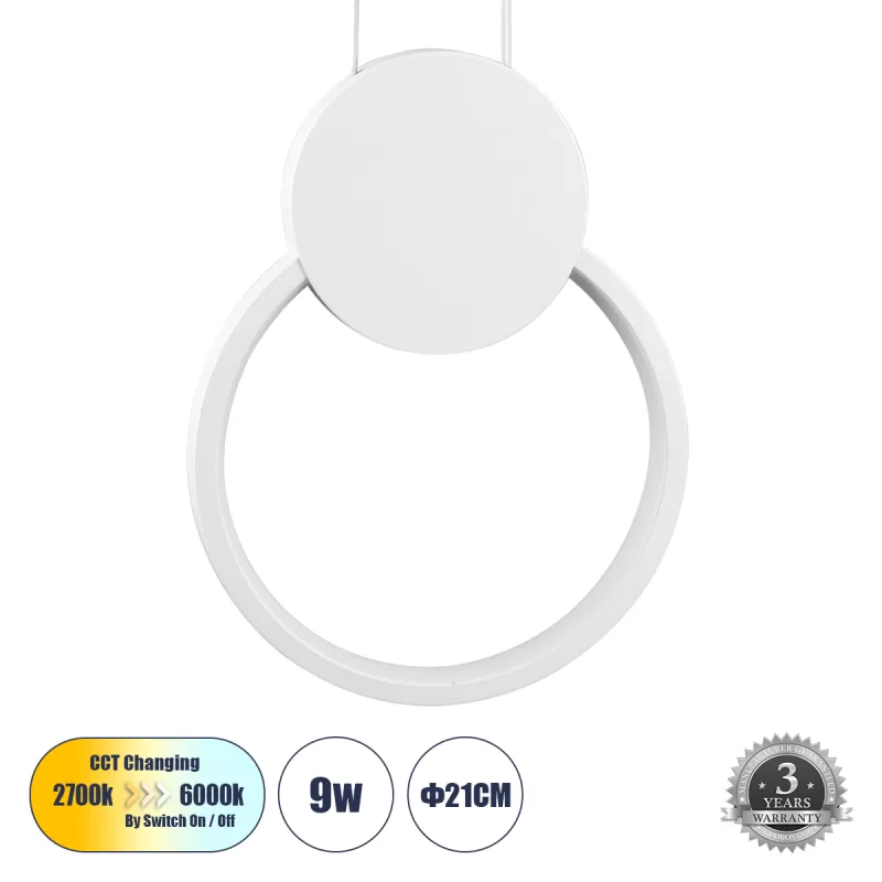 CYCLOS Κρεμαστό Φωτιστικό Οροφής Design LED CCT 9W 1080lm 300° AC 220-240V - Εναλλαγή Φωτισμού μέσω Διακόπτη On/Off All In One Ψυχρό 6000k+Φυσικό 4500k+Θερμό 2700k Μ21 x Π2.3 x Υ26.5cm - Λευκό