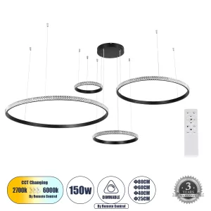 DIAMOND TETRA Κρεμαστό Φωτιστικό Δαχτυλίδι-Κύκλος LED CCT 150W 18379lm 360° AC 220-240V - Εναλλαγή Φωτισμού μέσω Τηλεχειριστηρίου All In One Ψυχρό 6000k+Φυσικό 4500k+Θερμό 2700k Dimmable Φ25+40+60+80cm - Μαύρο