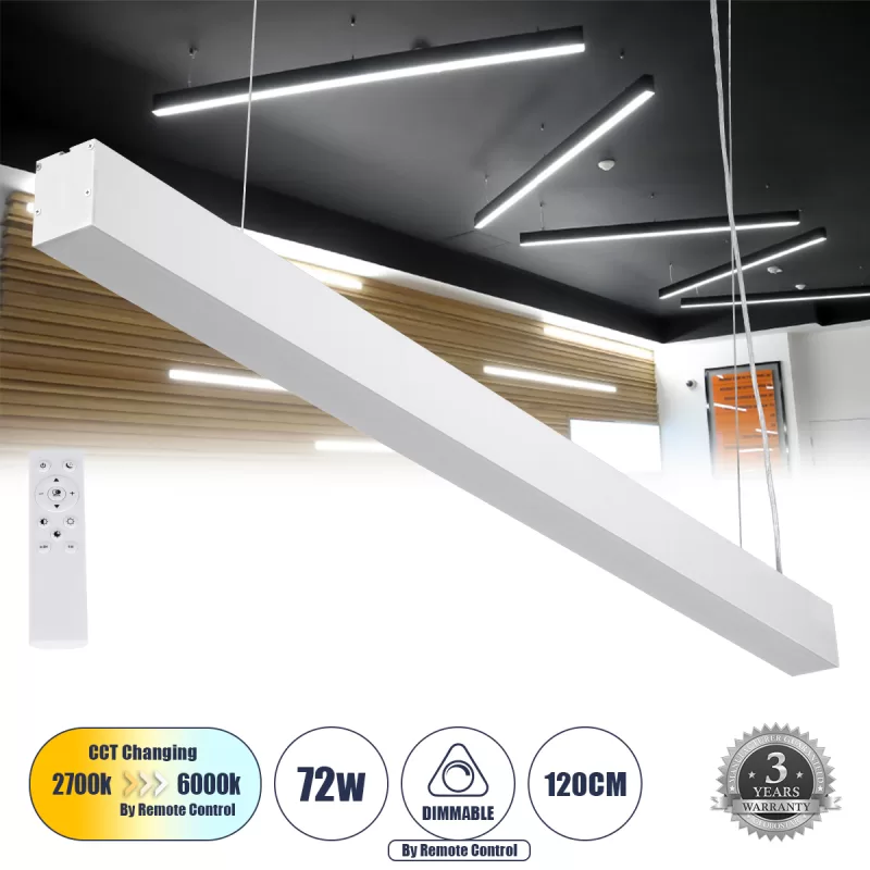 ORION 61031-P Γραμμικό Κρεμαστό Φωτιστικό Linear LED CCT 72W 8600lm 120° AC 220-240V Μ120 x Π5.5 x Υ7cm - Εναλλαγή Φωτισμού μέσω Τηλεχειριστηρίου All In One Ψυχρό 6000k+Φυσικό 4500k+Θερμό 2700k Dimmable - Λευκό