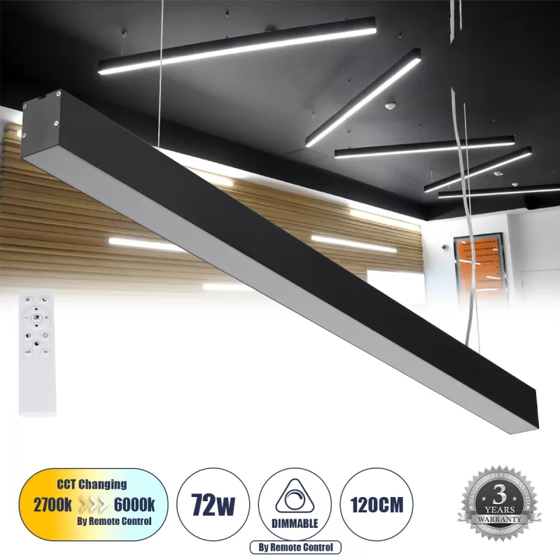 ORION 61030-P Γραμμικό Κρεμαστό Φωτιστικό Linear LED CCT 72W 8600lm 120° AC 220-240V Μ120 x Π5.5 x Υ7cm - Εναλλαγή Φωτισμού μέσω Τηλεχειριστηρίου All In One Ψυχρό 6000k+Φυσικό 4500k+Θερμό 2700k Dimmable - Μαύρο