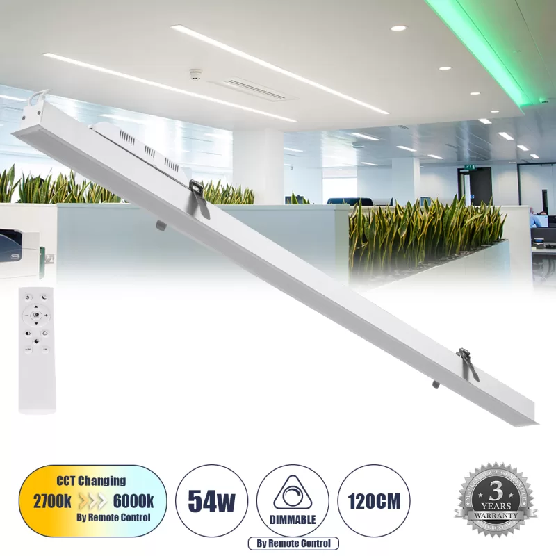 LUCA 61033 Γραμμικό Χωνευτό Φωτιστικό Linear LED CCT 54W 6500lm 120° AC 220-240V Μ121.5 x Π5 x Υ4cm - Εναλλαγή Φωτισμού μέσω Τηλεχειριστηρίου All In One Ψυχρό 6000k+Φυσικό 4500k+Θερμό 2700k Dimmable - Λευκό