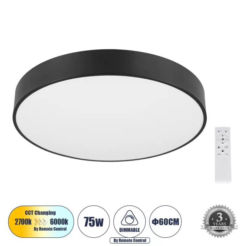 BURTON 61202-S Πλαφονιέρα Οροφής LED CCT 75W 8625lm 120° AC 220-240V - Εναλλαγή Φωτισμού μέσω Τηλεχειριστηρίου All In One Ψυχρό 6000k+Φυσικό 4500k+Θερμό 2700k Dimmable Φ60cm - Μαύρο