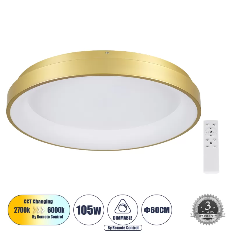 SALEM 61239 Πλαφονιέρα Οροφής Δαχτυλίδι-Κύκλος LED CCT 105W 12075lm 120° AC 220-240V - Εναλλαγή Φωτισμού μέσω Τηλεχειριστηρίου All In One Ψυχρό 6000k+Φυσικό 4500k+Θερμό 2700k Dimmable Φ60cm - Χρυσό Σαμπανιζέ