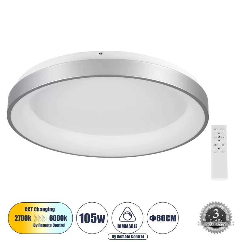 SALEM 61238 Πλαφονιέρα Οροφής Δαχτυλίδι-Κύκλος LED CCT 105W 12075lm 120° AC 220-240V - Εναλλαγή Φωτισμού μέσω Τηλεχειριστηρίου All In One Ψυχρό 6000k+Φυσικό 4500k+Θερμό 2700k Dimmable Φ60cm - Ασημί