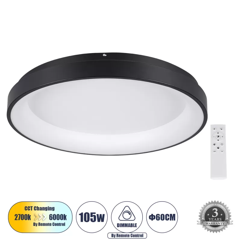 SALEM 61237 Πλαφονιέρα Οροφής Δαχτυλίδι-Κύκλος LED CCT 105W 12075lm 120° AC 220-240V - Εναλλαγή Φωτισμού μέσω Τηλεχειριστηρίου All In One Ψυχρό 6000k+Φυσικό 4500k+Θερμό 2700k Dimmable Φ60cm - Μαύρο