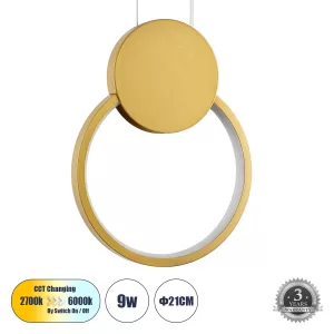 CYCLOS Κρεμαστό Φωτιστικό Οροφής Design LED CCT 9W 1080lm 300° AC 220-240V - Εναλλαγή Φωτισμού μέσω Διακόπτη On/Off All In One Ψυχρό 6000k+Φυσικό 4500k+Θερμό 2700k Μ21 x Π2.3 x Υ26.5cm - Χρυσό Βούρτσας