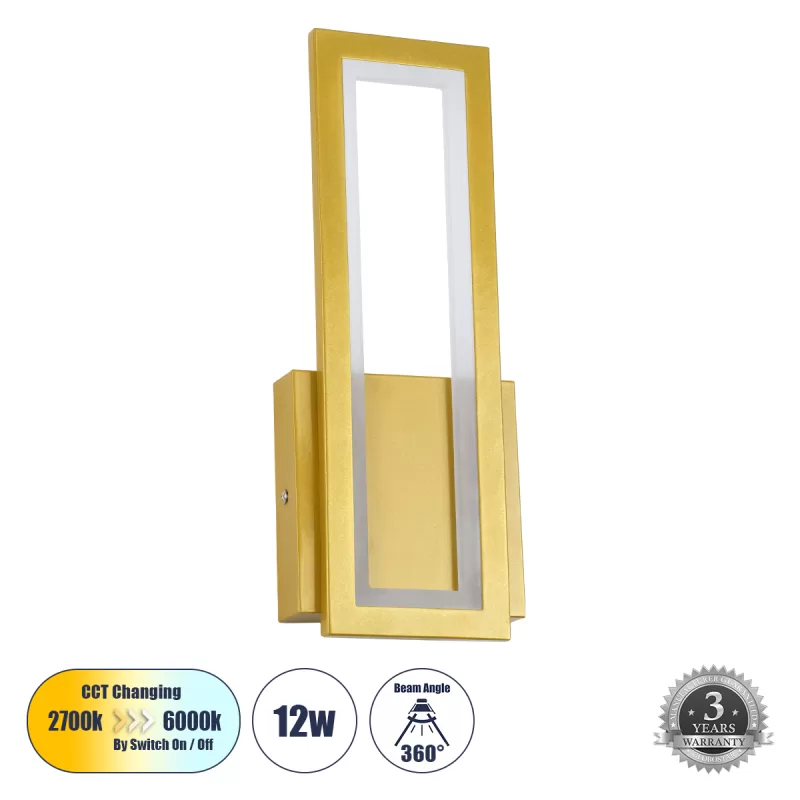 TIARA 61328 Φωτιστικό Τοίχου - Απλίκα Design LED CCT 12W 1440lm 360° AC 220-240V - Εναλλαγή Φωτισμού μέσω Διακόπτη On/Off All In One Ψυχρό 6000k+Φυσικό 4500k+Θερμό 2700k Μ12.5 x Π4 x Υ32cm - Χρυσό