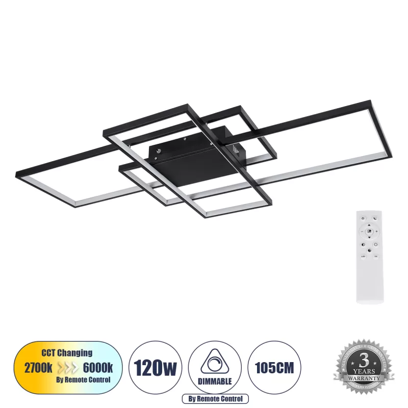 QUADRA 61388 Φωτιστικό Οροφής Design LED CCT 120W 14400lm 120° AC 220-240V - Εναλλαγή Φωτισμού μέσω Τηλεχειριστηρίου All In One Ψυχρό 6000k+Φυσικό 4500k+Θερμό 2700k Dimmable Μ105 x Π60 x Υ9cm - Μαύρο