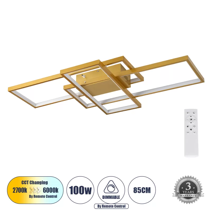 QUADRA 61387 Φωτιστικό Οροφής Design LED CCT 100W 12000lm 120° AC 220-240V - Εναλλαγή Φωτισμού μέσω Τηλεχειριστηρίου All In One Ψυχρό 6000k+Φυσικό 4500k+Θερμό 2700k Dimmable Μ85 x Π45 x Υ9cm - Χρυσό Βούρτσας