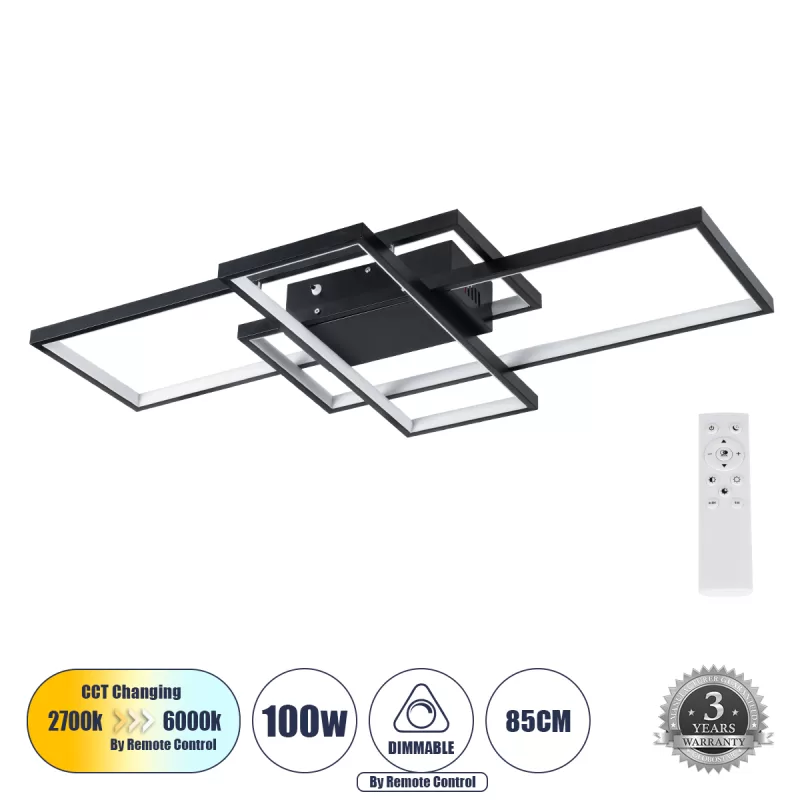 QUADRA 61385 Φωτιστικό Οροφής Design LED CCT 100W 12000lm 120° AC 220-240V - Εναλλαγή Φωτισμού μέσω Τηλεχειριστηρίου All In One Ψυχρό 6000k+Φυσικό 4500k+Θερμό 2700k Dimmable Μ85 x Π45 x Υ9cm - Μαύρο