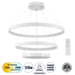 NEMESIS TRIO Κρεμαστό Φωτιστικό Δαχτυλίδι-Κύκλος LED CCT 120W 14723lm 360° AC 220-240V - Εναλλαγή Φωτισμού μέσω Τηλεχειριστηρίου All In One Ψυχρό 6000k+Φυσικό 4500k+Θερμό 2700k Dimmable Φ40+60+80cm - Λευκό
