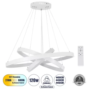 NEMESIS TRIO -DECO Κρεμαστό Φωτιστικό Δαχτυλίδι-Κύκλος LED CCT 120W 14723lm 360° AC 220-240V - Εναλλαγή Φωτισμού μέσω Τηλεχειριστηρίου All In One Ψυχρό 6000k+Φυσικό 4500k+Θερμό 2700k Dimmable Φ40+60+80cm - Λευκό
