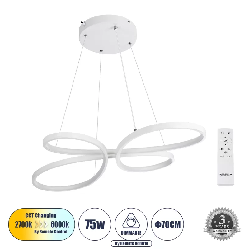 BUTTERFLY 61392 Κρεμαστό Φωτιστικό Οροφής Design LED CCT 75W 8400lm 300° AC 220-240V - Εναλλαγή Φωτισμού μέσω Τηλεχειριστηρίου All In One Ψυχρό 6000k+Φυσικό 4500k+Θερμό 2700k Dimmable Μ71 x Π52 x Υ4cm - Λευκό