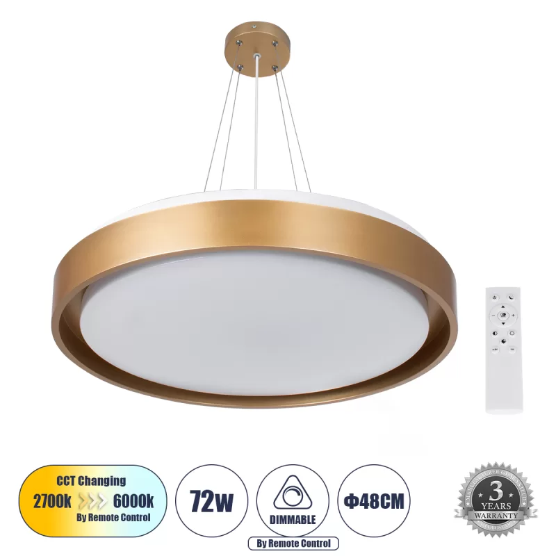 BARCHETTA 61399-P Κρεμαστή Πλαφονιέρα Οροφής LED CCT 72W 8306lm 120° AC 220-240V - Εναλλαγή Φωτισμού μέσω Τηλεχειριστηρίου All In One Ψυχρό 6000k+Φυσικό 4500k+Θερμό 2700k Dimmable Φ48cm - Χρυσό