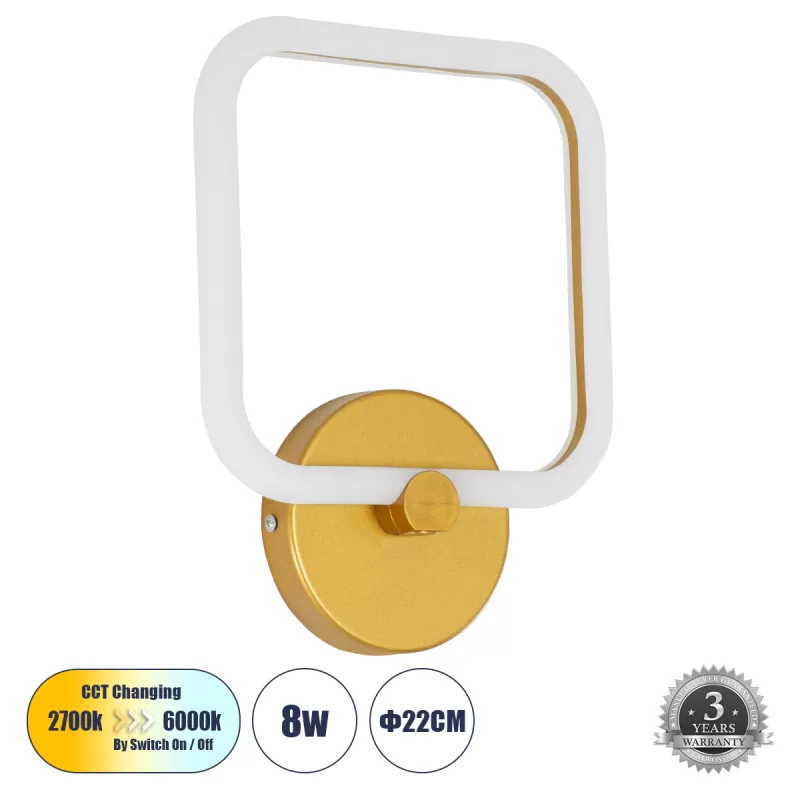 ELIZA 61344 Φωτιστικό Τοίχου - Απλίκα Design LED CCT 8W 960lm 360° AC 220-240V - Εναλλαγή Φωτισμού μέσω Διακόπτη On/Off All In One Ψυχρό 6000k+Φυσικό 4500k+Θερμό 2700k Μ22 x Π5 x Υ28.5cm - Χρυσό