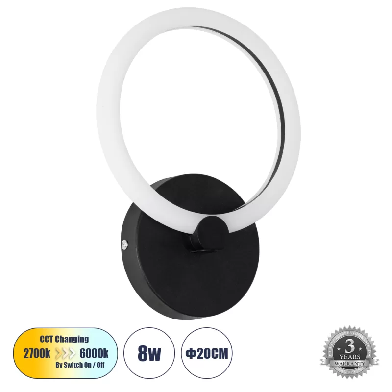 MATILDA 61339 Φωτιστικό Τοίχου - Απλίκα Design LED CCT 8W 960lm 360° AC 220-240V - Εναλλαγή Φωτισμού μέσω Διακόπτη On/Off All In One Ψυχρό 6000k+Φυσικό 4500k+Θερμό 2700k Μ20 x Π5 x Υ25.5cm - Μαύρο