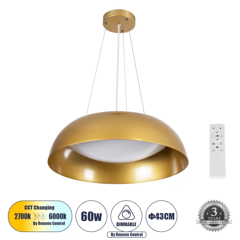 ANATOLIA 61268 Κρεμαστή Πλαφονιέρα Οροφής LED CCT 60W 6900lm 120° AC 220-240V - Εναλλαγή Φωτισμού μέσω Τηλεχειριστηρίου All In One Ψυχρό 6000k+Φυσικό 4500k+Θερμό 2700k Dimmable Φ43cm - Χρυσό