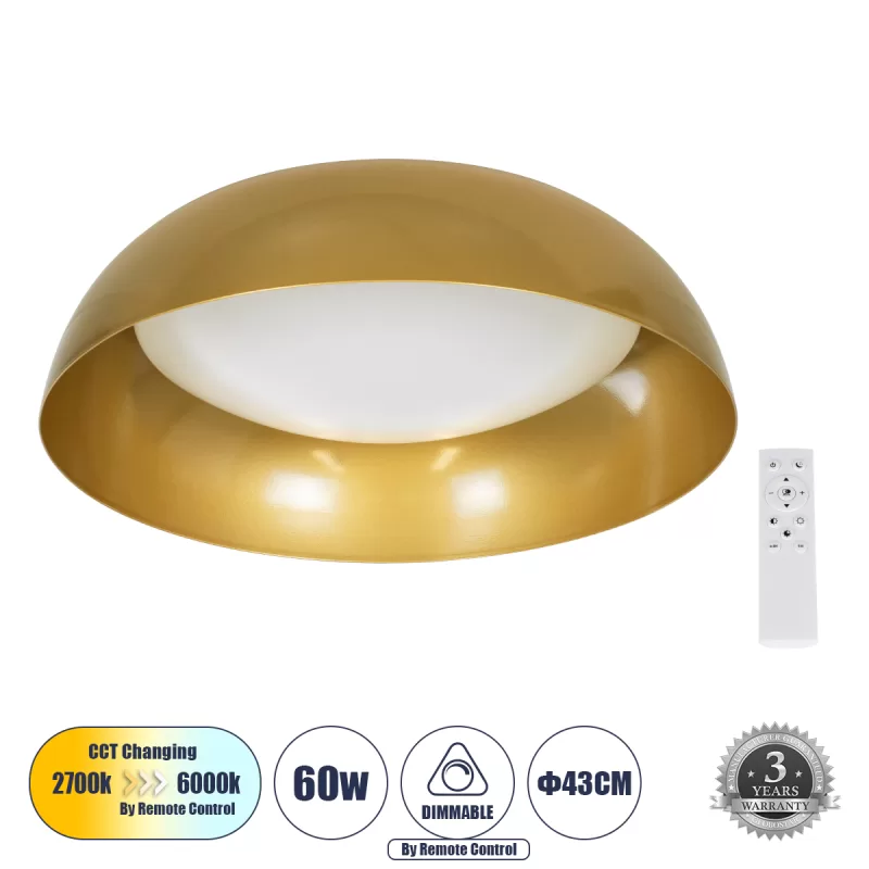 ANATOLIA 61263 Πλαφονιέρα Οροφής LED CCT 60W 6900lm 120° AC 220-240V - Εναλλαγή Φωτισμού μέσω Τηλεχειριστηρίου All In One Ψυχρό 6000k+Φυσικό 4500k+Θερμό 2700k Dimmable Φ43cm - Χρυσό