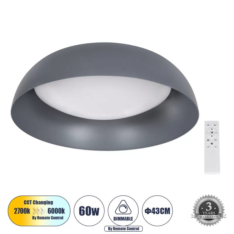 ANATOLIA 61262 Πλαφονιέρα Οροφής LED CCT 60W 6900lm 120° AC 220-240V - Εναλλαγή Φωτισμού μέσω Τηλεχειριστηρίου All In One Ψυχρό 6000k+Φυσικό 4500k+Θερμό 2700k Dimmable Φ43cm - Γκρι Ανθρακί