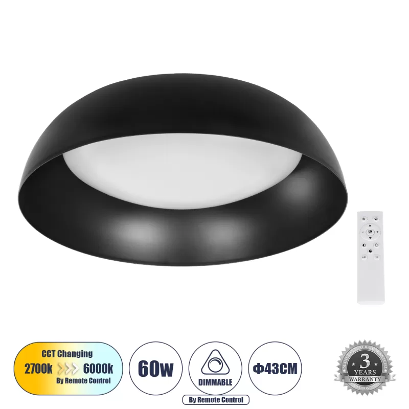 ANATOLIA 61261 Πλαφονιέρα Οροφής LED CCT 60W 6900lm 120° AC 220-240V - Εναλλαγή Φωτισμού μέσω Τηλεχειριστηρίου All In One Ψυχρό 6000k+Φυσικό 4500k+Θερμό 2700k Dimmable Φ43cm - Μαύρο