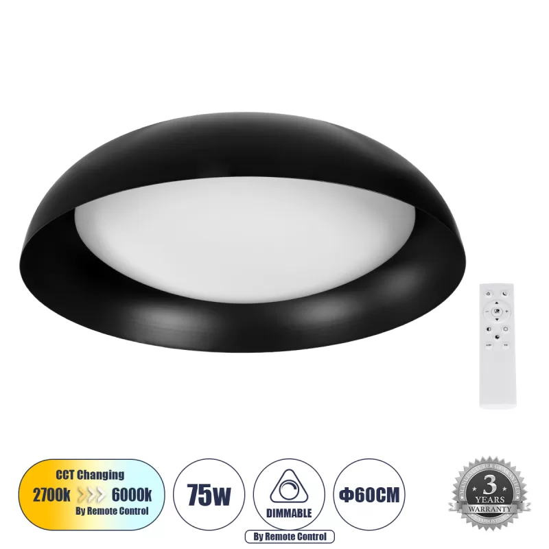 ANATOLIA 61264 Πλαφονιέρα Οροφής LED CCT 75W 8625lm 120° AC 220-240V - Εναλλαγή Φωτισμού μέσω Τηλεχειριστηρίου All In One Ψυχρό 6000k+Φυσικό 4500k+Θερμό 2700k Dimmable Φ60cm - Μαύρο