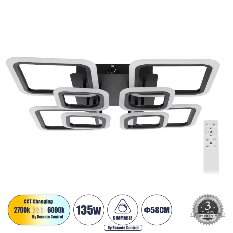 ROYAL-S 61325 Φωτιστικό Οροφής Design LED CCT 135W 16200lm 360° AC 220-240V - Εναλλαγή Φωτισμού μέσω Τηλεχειριστηρίου All In One Ψυχρό 6000k+Φυσικό 4500k+Θερμό 2700k Dimmable Μ58.5 x Π58.5 x Υ12cm - Μαύρο