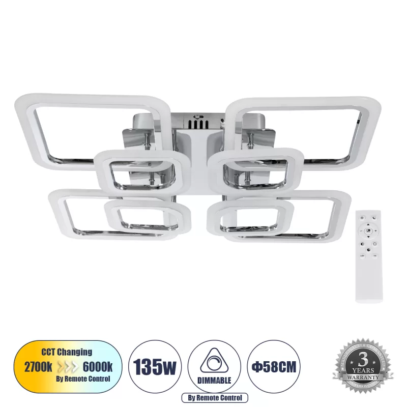 ROYAL-S 61326 Φωτιστικό Οροφής Design LED CCT 135W 16200lm 360° AC 220-240V - Εναλλαγή Φωτισμού μέσω Τηλεχειριστηρίου All In One Ψυχρό 6000k+Φυσικό 4500k+Θερμό 2700k Dimmable Μ58.5 x Π58.5 x Υ12cm - Νίκελ Χρώμιο