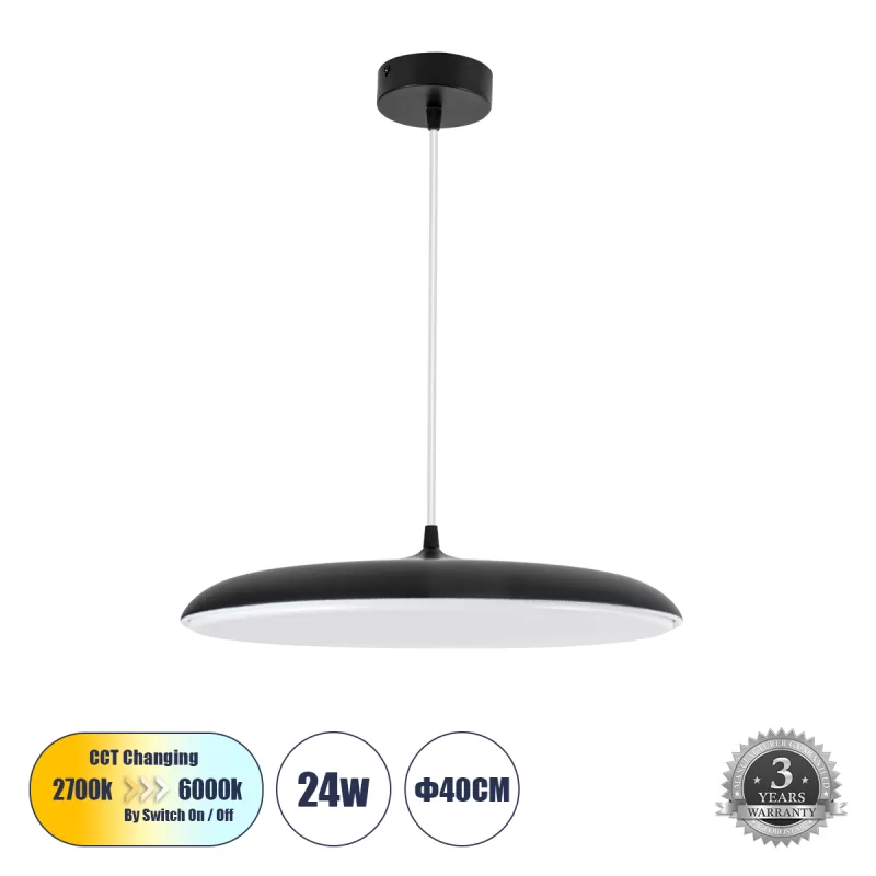 BARON 61254 Κρεμαστή Πλαφονιέρα Οροφής LED CCT 24W 2880lm 120° AC 220-240V - Εναλλαγή Φωτισμού μέσω Διακόπτη On/Off All In One Ψυχρό 6000k+Φυσικό 4500k+Θερμό 2700k Φ40 x Υ10cm - Μαύρο