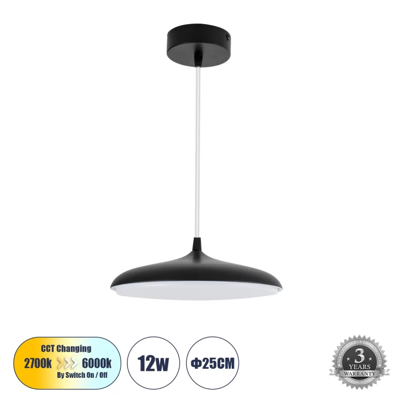 BARON 61251 Κρεμαστή Πλαφονιέρα Οροφής LED CCT 12W 1440lm 120° AC 220-240V - Εναλλαγή Φωτισμού μέσω Διακόπτη On/Off All In One Ψυχρό 6000k+Φυσικό 4500k+Θερμό 2700k Φ25 x Υ8cm - Μαύρο