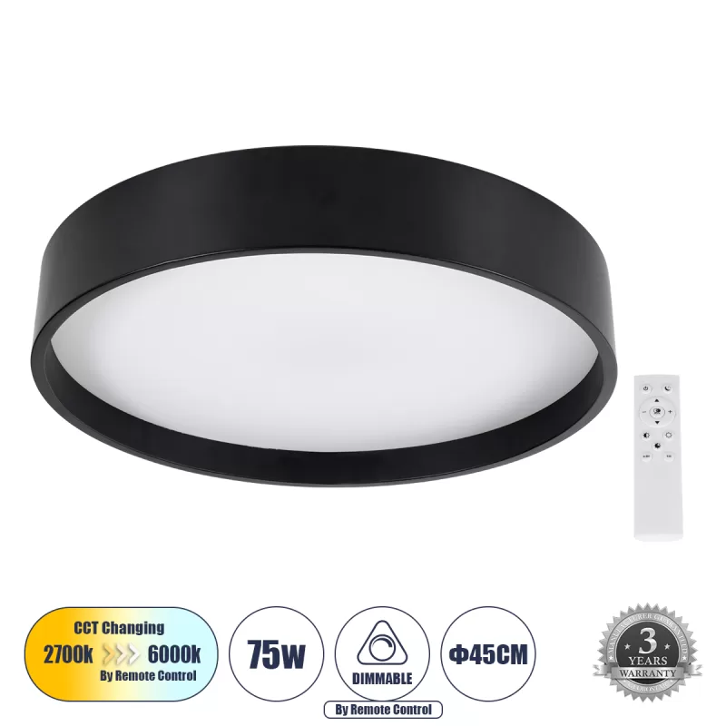 NARNIA 61257 Πλαφονιέρα Οροφής LED CCT 75W 8625lm 120° AC 220-240V - Εναλλαγή Φωτισμού μέσω Τηλεχειριστηρίου All In One Ψυχρό 6000k+Φυσικό 4500k+Θερμό 2700k Dimmable Φ45 x Υ8cm - Μαύρο